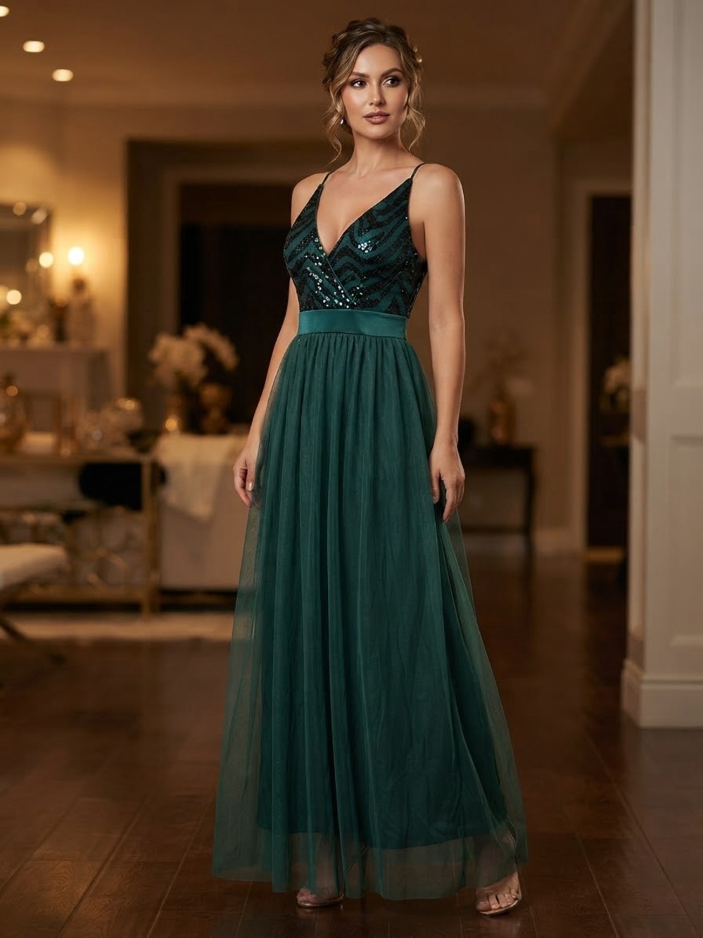 Spaghetti-Strap Emerald Maxi Dress with Sequin Bodice